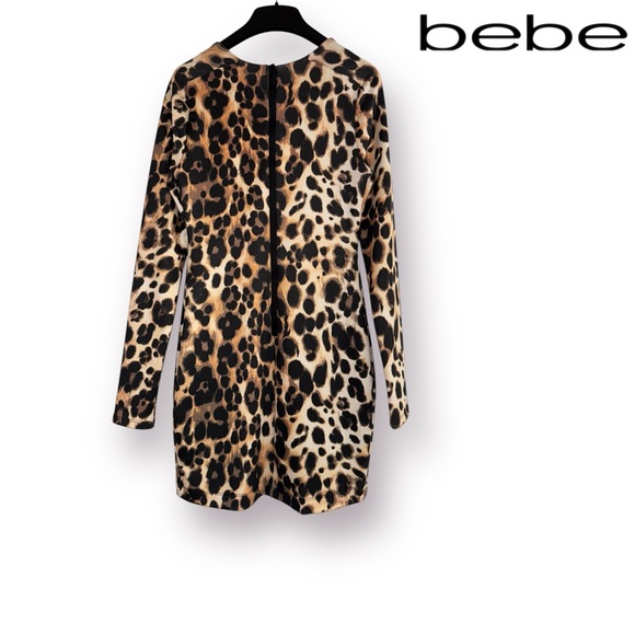 Bebe Animal | Leopard Print Scuba Bodycon Long-sleeve Mini Dress - Picture 4 of 10